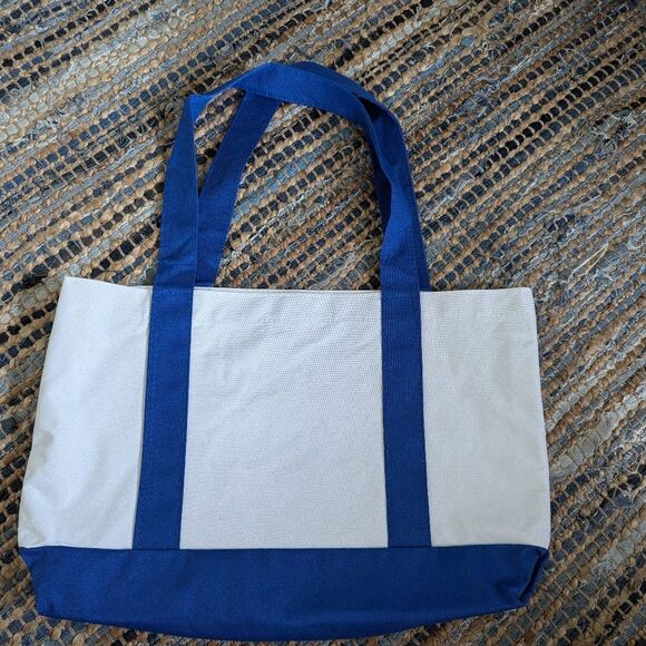 Canvas Tote Blue White Bag Reusable Washable Foldable Grocery Errand 16x10x6 Sat - Picture 2 of 8